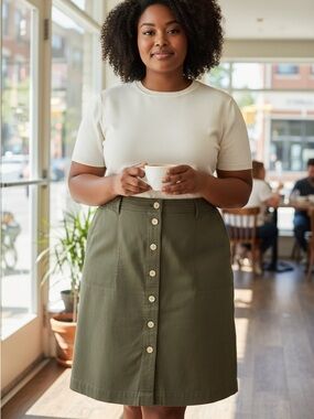 Talbots Olive Green Button-Front A-Line Skirt
